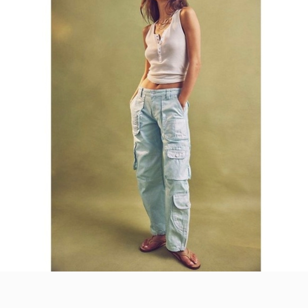 Free People Lap Of Luxury Barrel Leg Cargo Jeans In Mint Colour